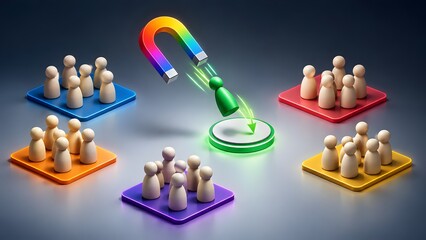 Obraz premium Colorful glowing magnet attracting green figure from diverse colored groups representing targeted marketing and inclusive recruitment
