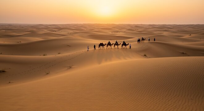 Desert Caravan at Sunset: A caravan of camels carrying riders traverses golden sand dunes under a soft, ethereal sunset, showcasing the serene beauty of the desert landscape.