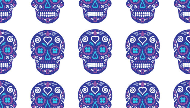 Colorful mexican sugar skull seamless pattern on white background for dia de los muertos celebration.