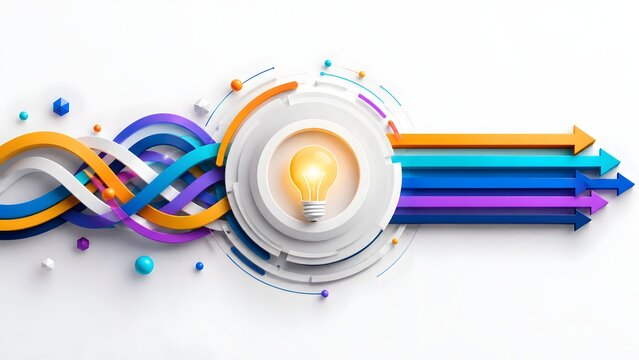 Glowing lightbulb icon surrounded by colorful twisting ribbons resolving into straight arrows representing organized idea generation