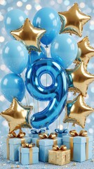Obraz premium Blue and gold balloons float above gift boxes. Number nine balloon marks a special ninth birthday. Festive party decor creates happy celebration atmosphere.