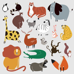 Fototapeta premium Collection of cute wild animals in cartoon style vector