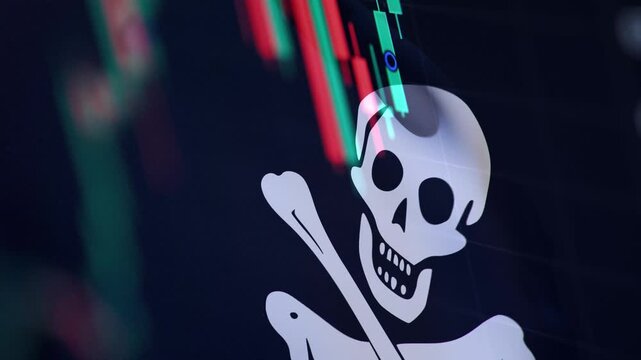 A dynamic timelapse video featuring fast moving stock market candlestick bars blended with a waving Jolly Roger flag, representing financial cybercrime, stock market hacking, and digital piracy.