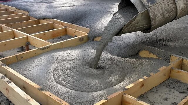 Concrete pouring continuously from a mixer chute into wooden formwork