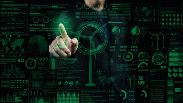 A futuristic interactive interface displaying green energy data, featuring wind turbines and analytics for renewable technologies and sustainable development efforts. Cipher