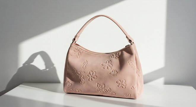Embossed Flower Handbag: A chic pink leather handbag, subtly embossed with delicate floral patterns, rests on a surface casting interesting shadow play.