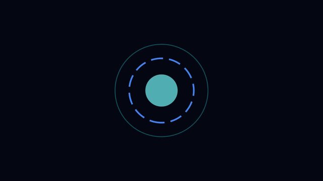 Minimalist digital loading spinner animation with pulsing cyan circle and rotating dashed ring on dark 4k background