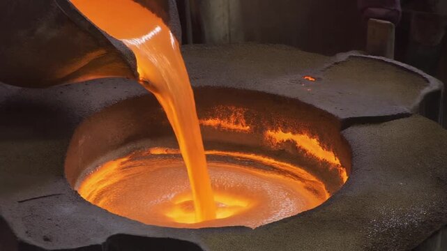 Molten bronze pouring in a steady stream into a sand casting mold