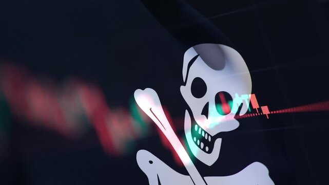 A dynamic timelapse video featuring fast moving stock market candlestick bars blended with a waving Jolly Roger flag, representing financial cybercrime, stock market hacking, and digital piracy.
