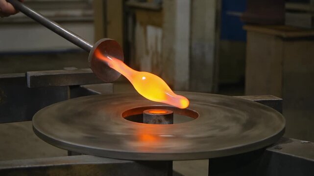 Molten glass being shaped and turning on a rotating steel mold in a