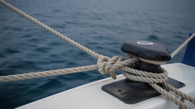 Mooring ropes tightening and slackening between a bollard and a