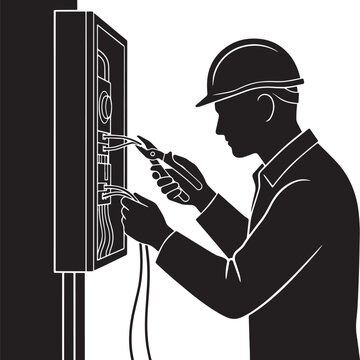 Electrician wearing a hard hat uses pliers to repair wiring inside an electrical service panel.