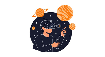 Fototapeta premium Man Using VR Headset to Explore Outer Space and Planets Illustration. Virtual Reality Astronomy, Metaverse Gaming, and Science Education Concept.