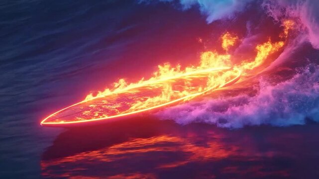 Glowing fire surfboard floating on ocean waves at night.