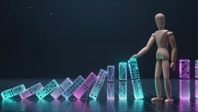 Wooden figure stands before glowing dominoes, poised to stop the falling chain.