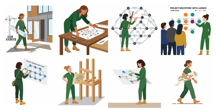 Female project manager and engineer using PERT charts and blueprints for construction planning, workflow management, and project milestones in a flat vector illustration style.