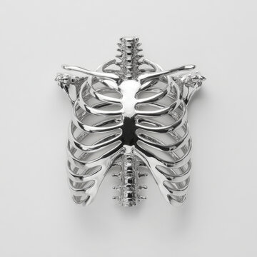 Highly polished chrome plated rib cage and spine sculpture with reflective surface on white background