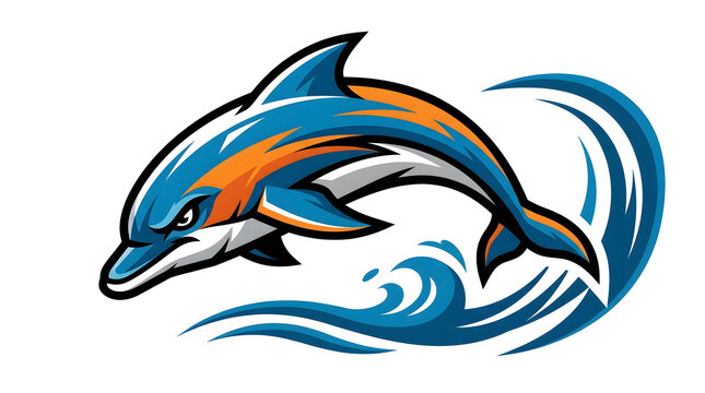Colorful dolphin mascot logo with dynamic wave design
