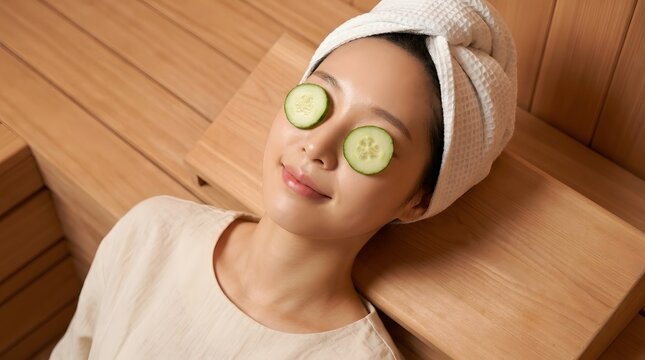 Woman with cucumber slices on eyes relaxing in wooden sauna spa treatment self care steam room