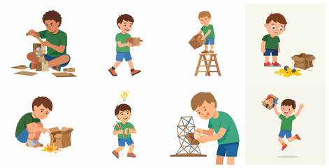 Fototapeta premium Little Boy Participating in Egg Drop Science Challenge STEM Project Illustration Set