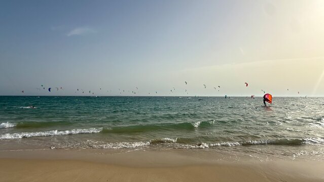 Kitesurfing at Bolonia beach, Tarifa, Andalusia, Spain