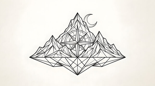 Geometric mountain illustration with crescent moon and abstract lines
