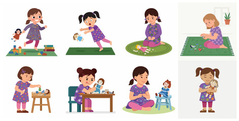Fototapeta premium Cartoon character set of a little girl experiencing different emotions while playing with and repairing her broken doll