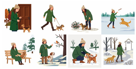 Fototapeta premium Set of vector illustrations of a woman walking and playing with her dog in a snowy winter park