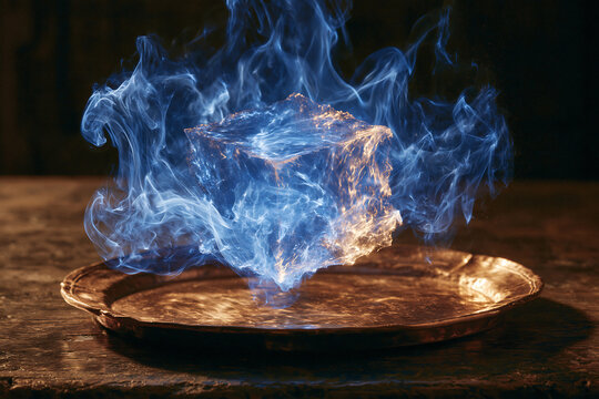 Ai generated ice cube engulfed in bright blue flames on a metal tray with contrast, lighting