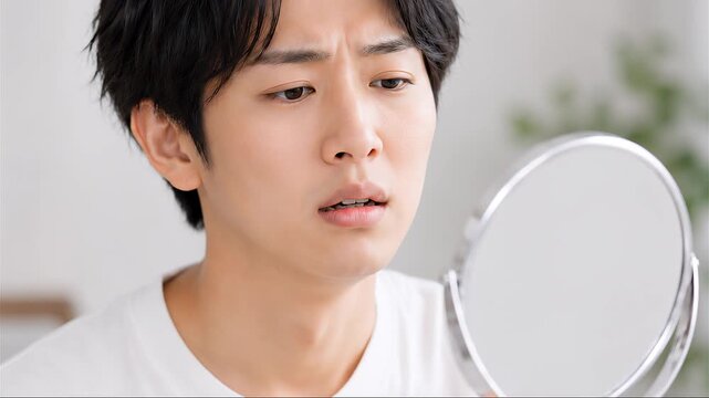 鏡で歯並びや噛み合わせをチェックする男性
