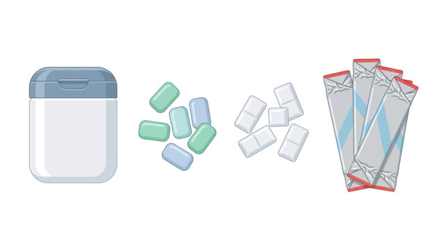 Chewing gum container stands alongside colorful dragees, rectangular mint pellets, and foil wrapped sticks.