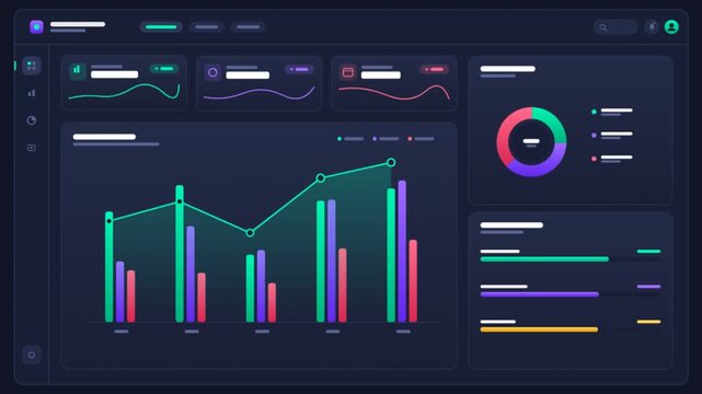 Dark Mode Financial Analytics Dashboard UI with Colorful Data Charts and Graphs.