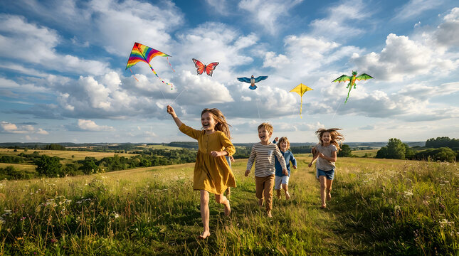 Happy children running across a sunlit meadow while flying colorful kites in the open sky