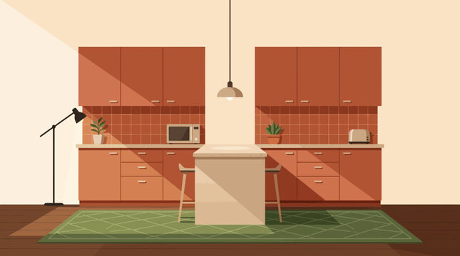 Modern kitchen flat vector illustration with terracotta cabinets
