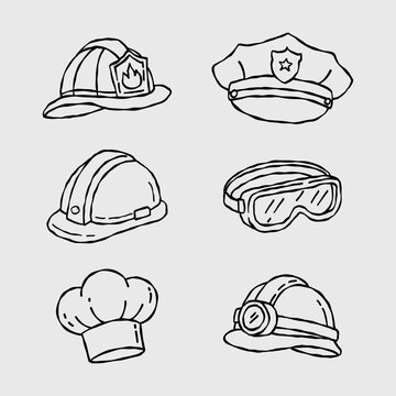Handdrawn Collection of Firefighter, Police, Construction and Chef Hats