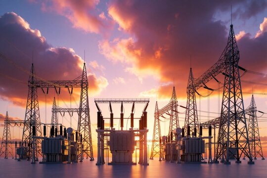 Industrial electric power substation at sunset with high voltage transmission towers. Metal grid station equipment distributes electricity through wires across urban landscape. Dramatic colorful sky