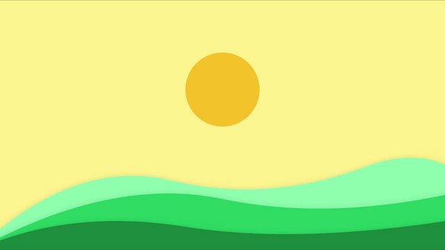 Minimalist flat landscape with sun and rolling green hills motion animation 4k background, rolling hills