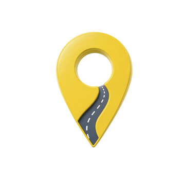 3D yellow location pin with road path icon representing navigation, map marker, destination, GPS and travel route isolated on transparent background