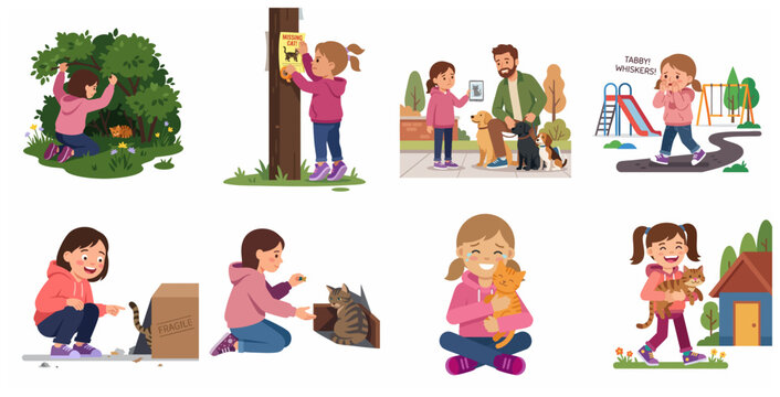 Little girl searching and finding lost pet cat sequence illustrations