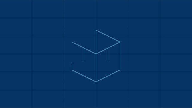 Minimalist isometric cube wireframe animation on blue grid 4k background, geometric