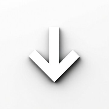 White down arrow symbol isolated on clean white background. Directional sign indicates move down, download, or decrease. Simple graphic element for various design needs.