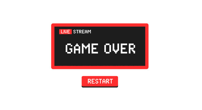 Retro Pixel Art Game Over Screen with Live Stream Indicator and Restart Button on White Background