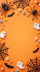 Fototapeta premium Halloween: Orange party banner with friendly ghosts, candy corn and spiderwebs surrounding generous copy space