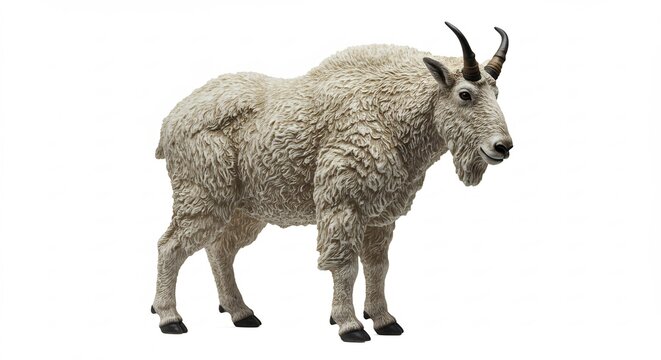 Majestic Mountain Goat: A powerful mountain goat with thick, shaggy white fur and impressive curved horns stands proudly against a neutral background, showcasing its rugged resilience.