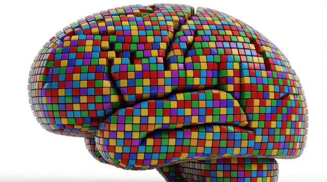 Creative brain sculpture made of many colorful cubes on white background. Abstract 3d model represents human mind, intelligence, innovation. Vibrant geometric pattern shows idea, cognition, mental
