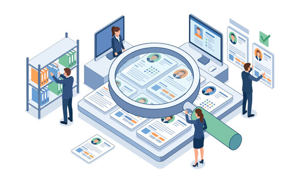 Isometric human resources, job interview and candidate hiring vector