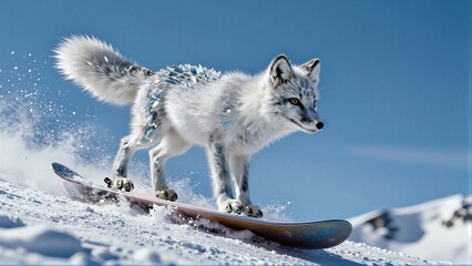Fototapeta premium A snowy fox snowboards down a mountain with crystal-like fur and sparkling tail.