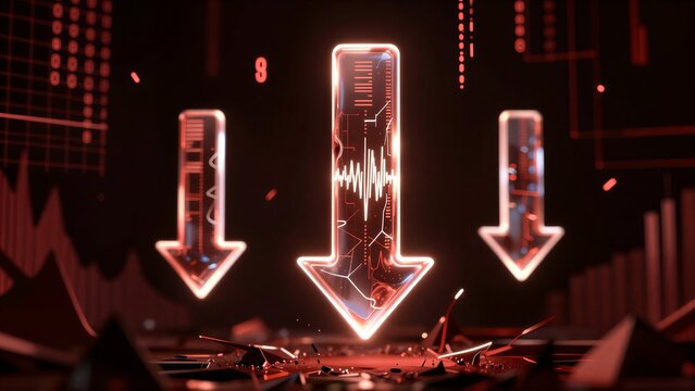 Red glowing arrows signal data decline amid a digital decay landscape.