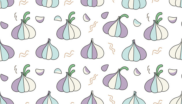 Playful seamless pattern of garlic bulbs and cloves in gentle purple, blue, and white tones over a solid white background.