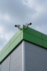 Obraz premium Two surveillance cameras mounted on green building corner under cloudy sky. Security devices watch over area from rooftop, observing outside activity. Modern buildings often use this tech.